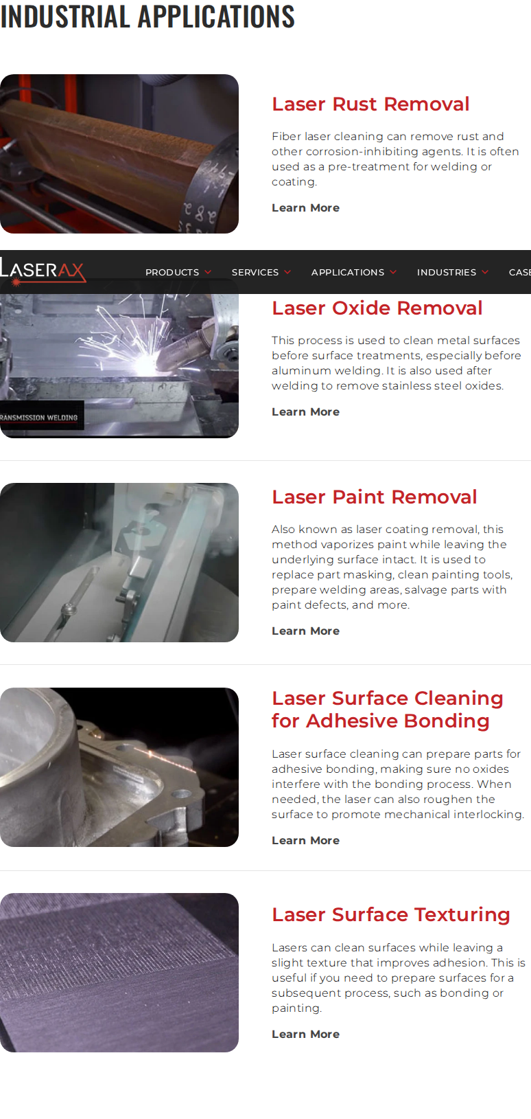 Laserax laser cleaning applications page: H1 headline with rust removal and oxide removal industrial application photo cards