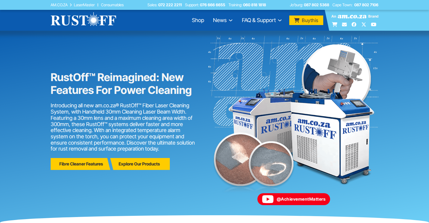 RustOff™ by AM.CO.ZA hero section with 'RustOff™ Reimagined' headline, fibre laser cleaner product image, and primary CTAs