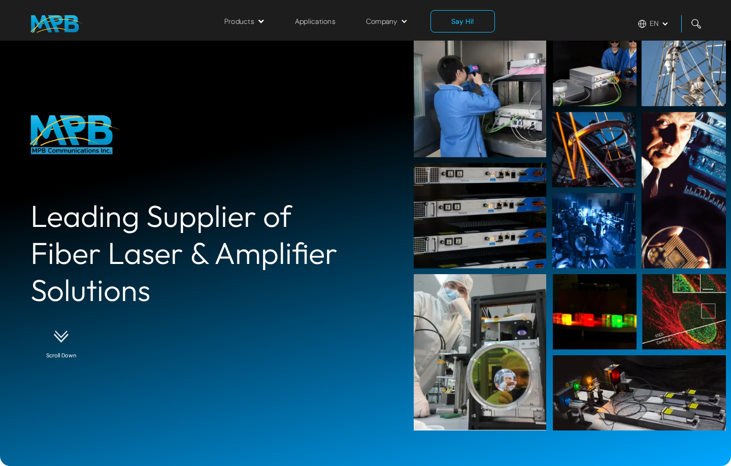 MPBC homepage hero: logo, headline 'Leading Supplier of Fiber Laser & Amplifier Solutions', and brand collage