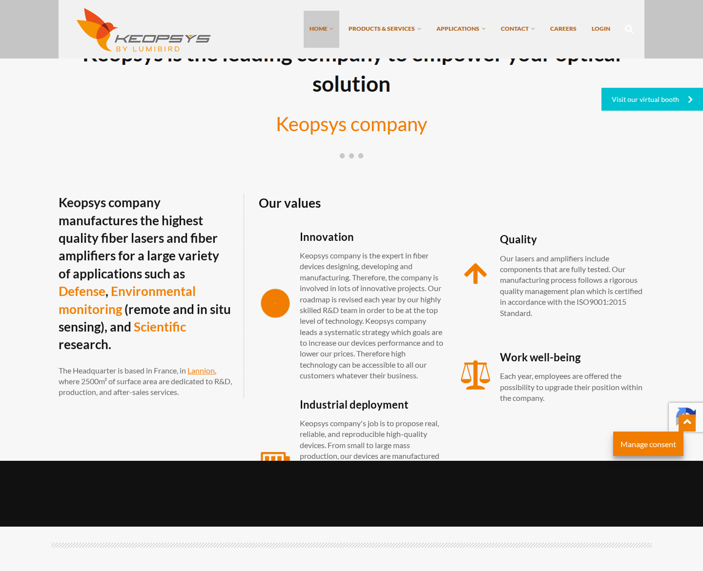 Keopsys by Lumibird homepage hero with brand headline, fiber laser and amplifier value proposition, and primary CTAs