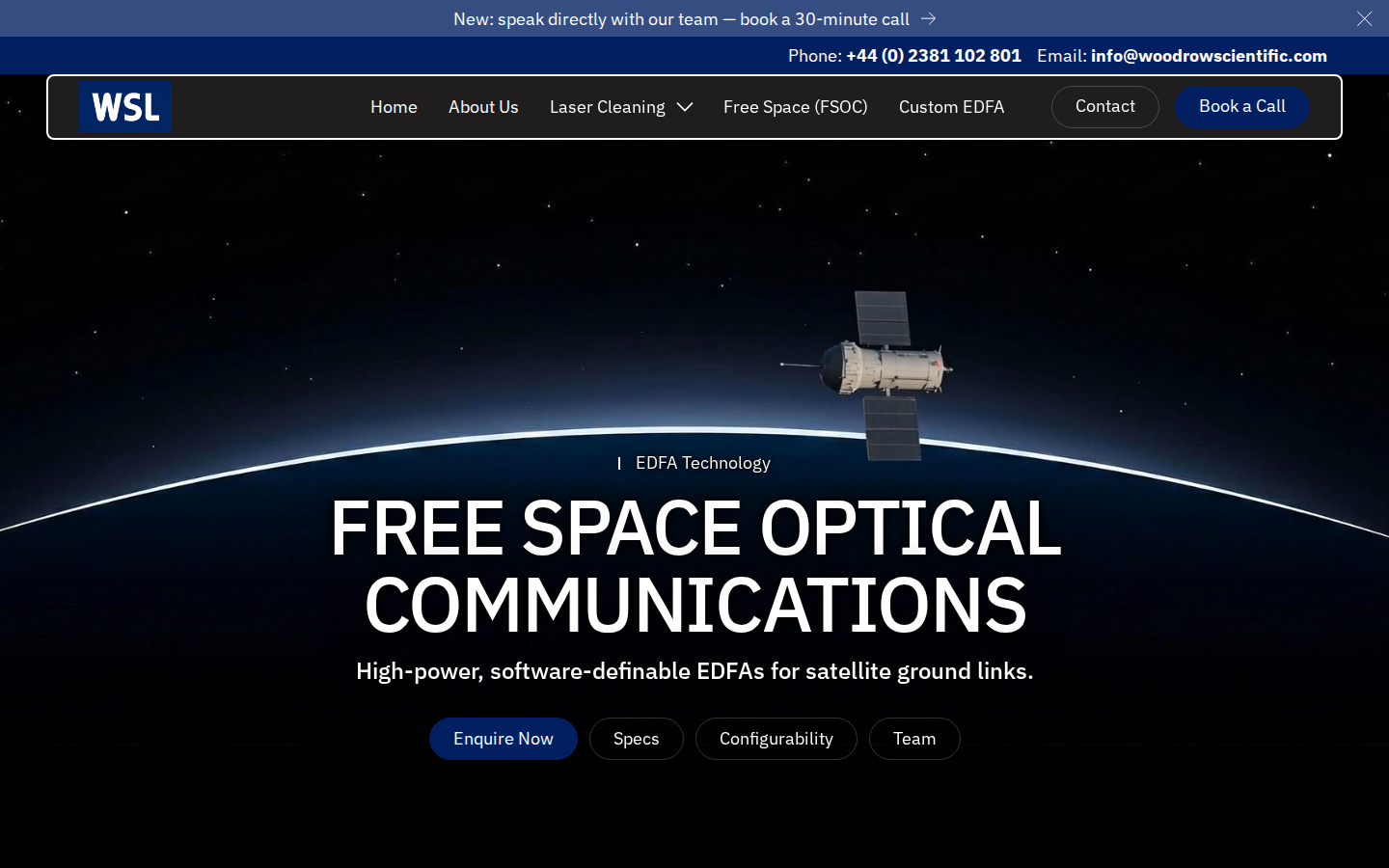 Woodrow Scientific EDF-UL EDFA hero — FREE SPACE OPTICAL COMMUNICATIONS headline with fibre amplifier background