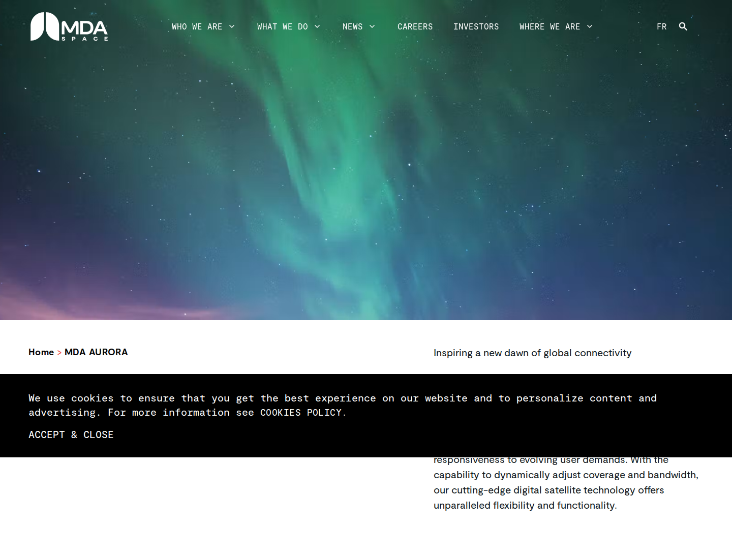 MDA AURORA™ platform hero on mda.space with headline 'Inspiring a new dawn of global connectivity' and space imagery