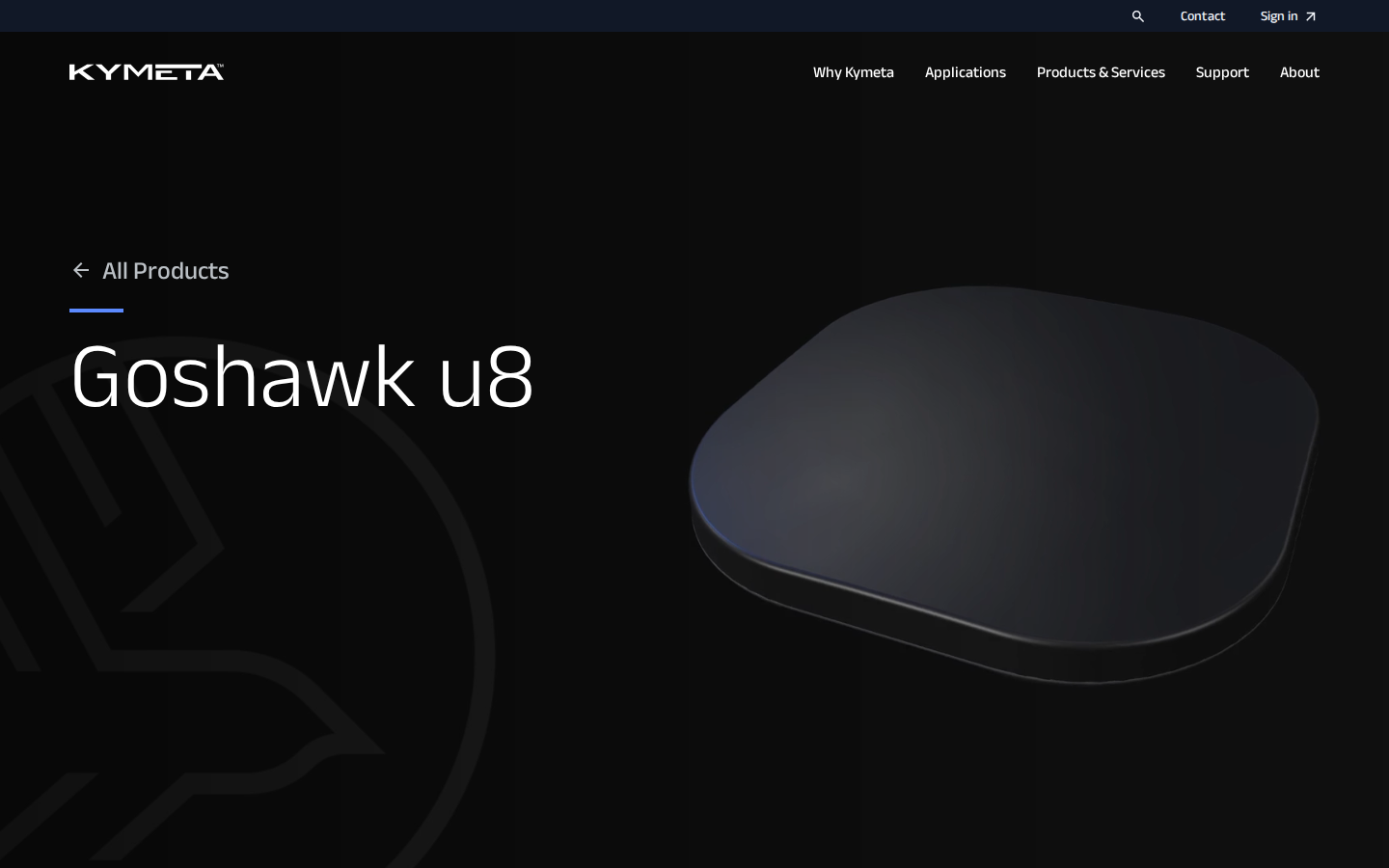 Kymeta Goshawk u8 flat-panel terminal product hero with headline, descriptor text, and multi-orbit connectivity overview