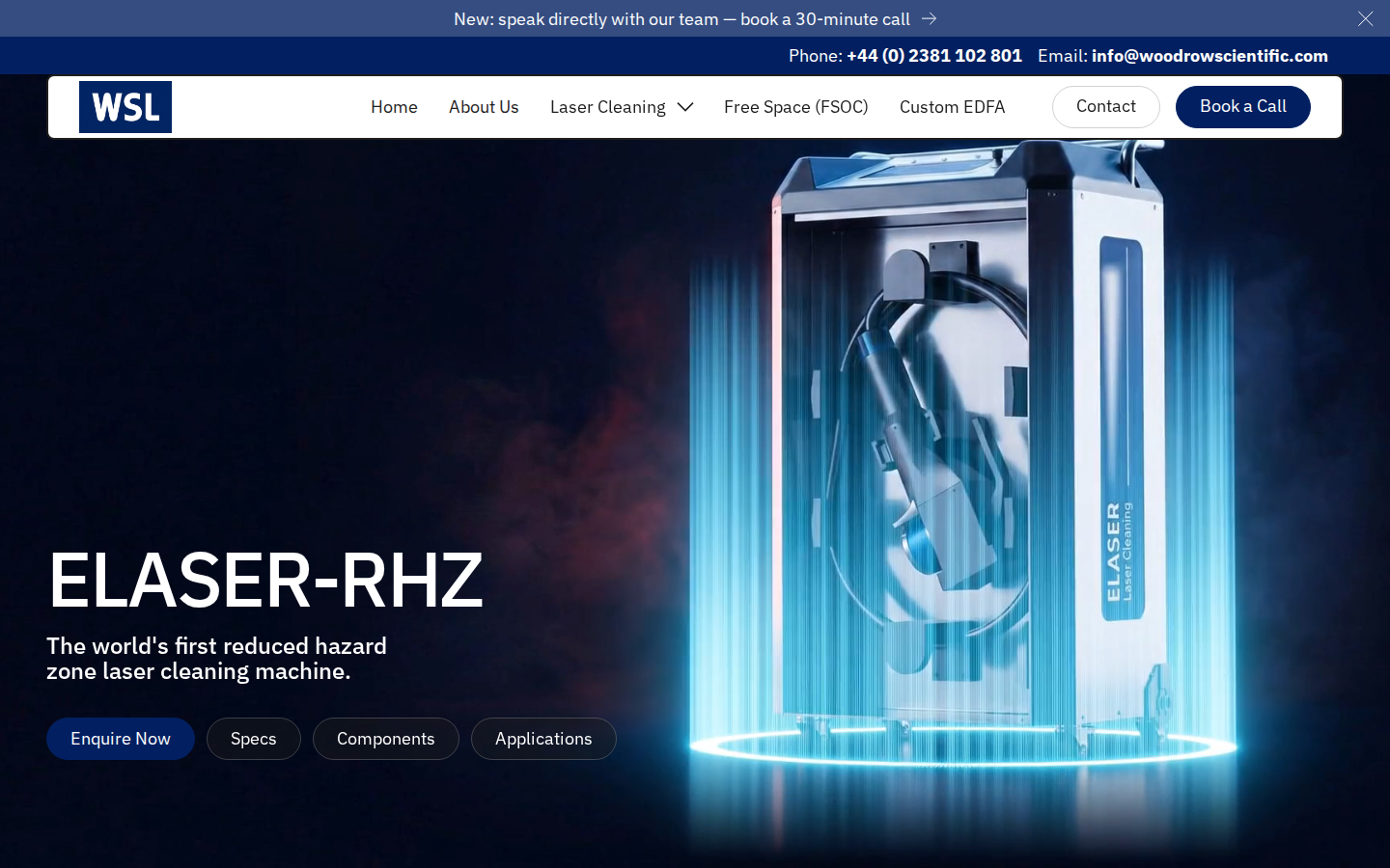 ELASER-RHZ product hero on Woodrow Scientific — world-first reduced-hazard-zone laser cleaner headline and Enquire Now CTA