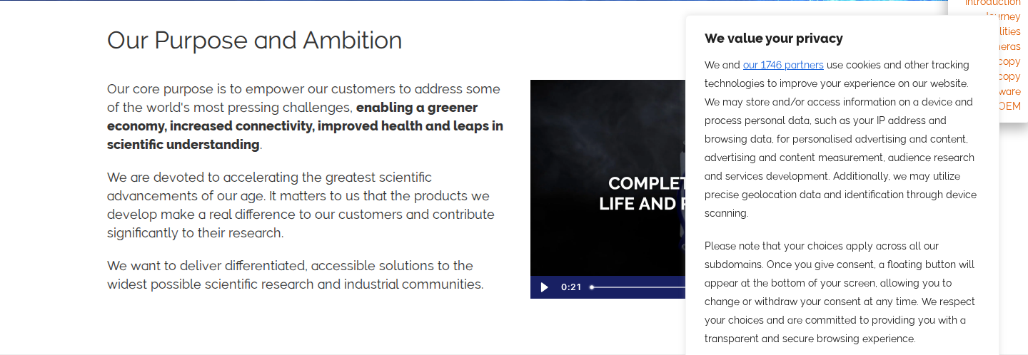 Oxford Instruments Andor about-us hero with 'Our Purpose and Ambition' headline, brand video thumbnail, and mission statement