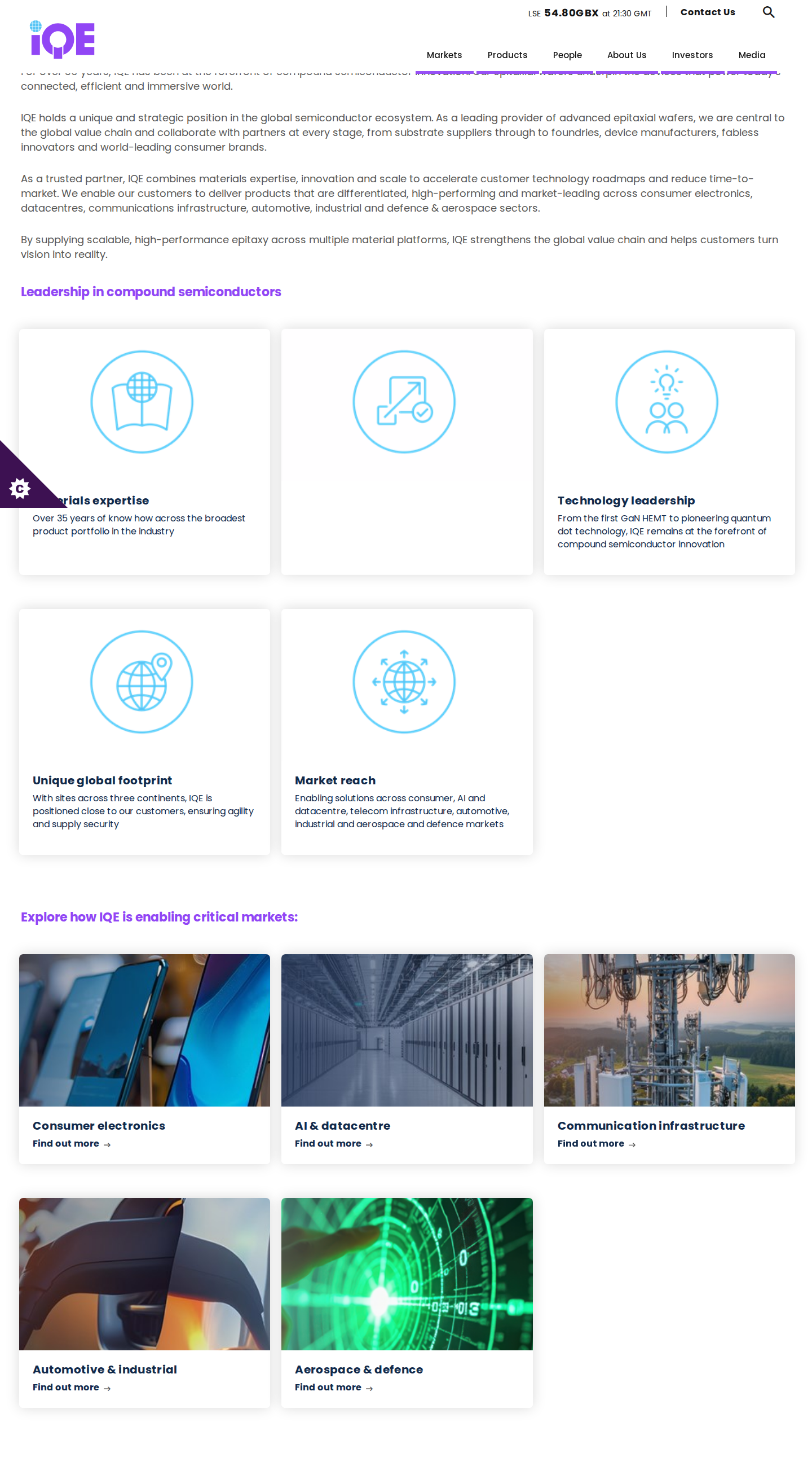 IQE plc Markets page hero: 'Enabling the future through materials leadership' and compound semiconductor value props