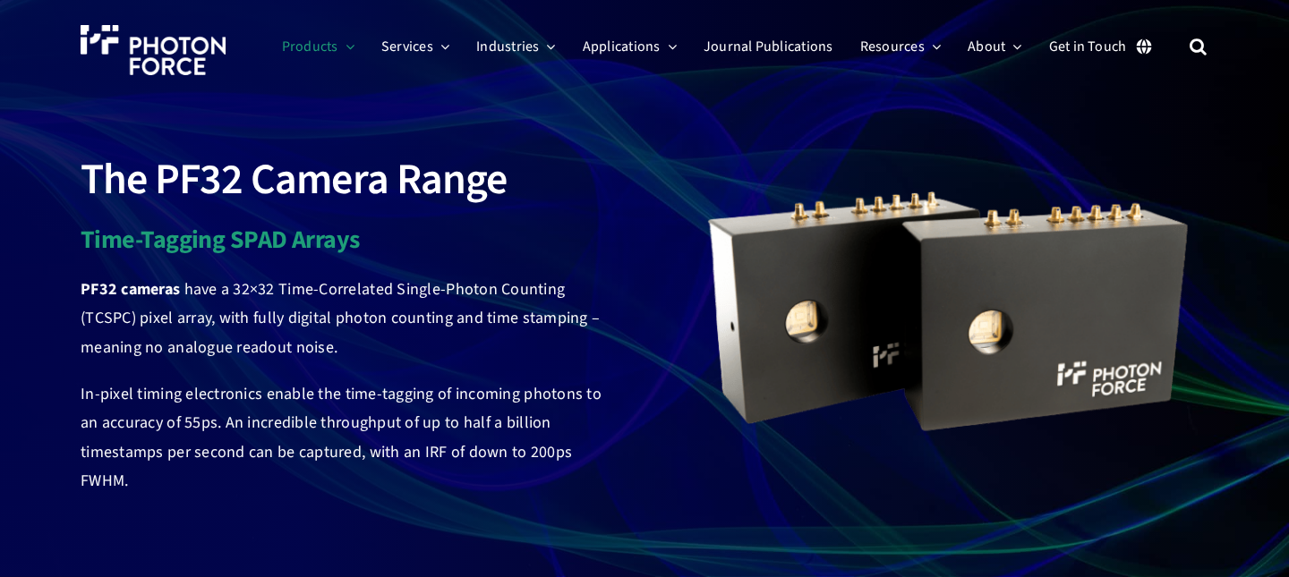 PF32 camera range hero on Photon Force — product image with 55 ps resolution and 500 M photons/second callouts
