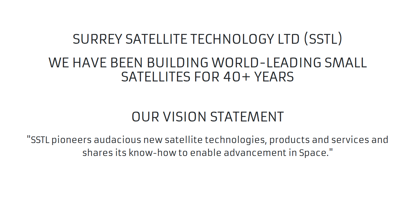 SSTL About Us page hero: '40+ years of world-leading small satellites' headline, vision statement, and brand infographic