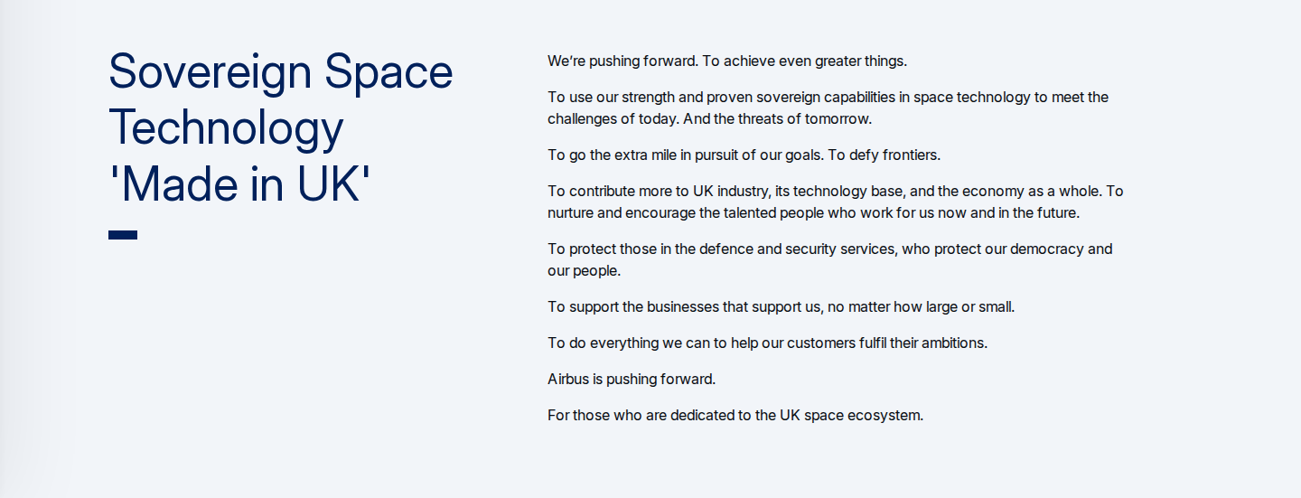Airbus Defence and Space UK hero — 'Sovereign Space Technology Made in UK' headline over satellite assembly imagery