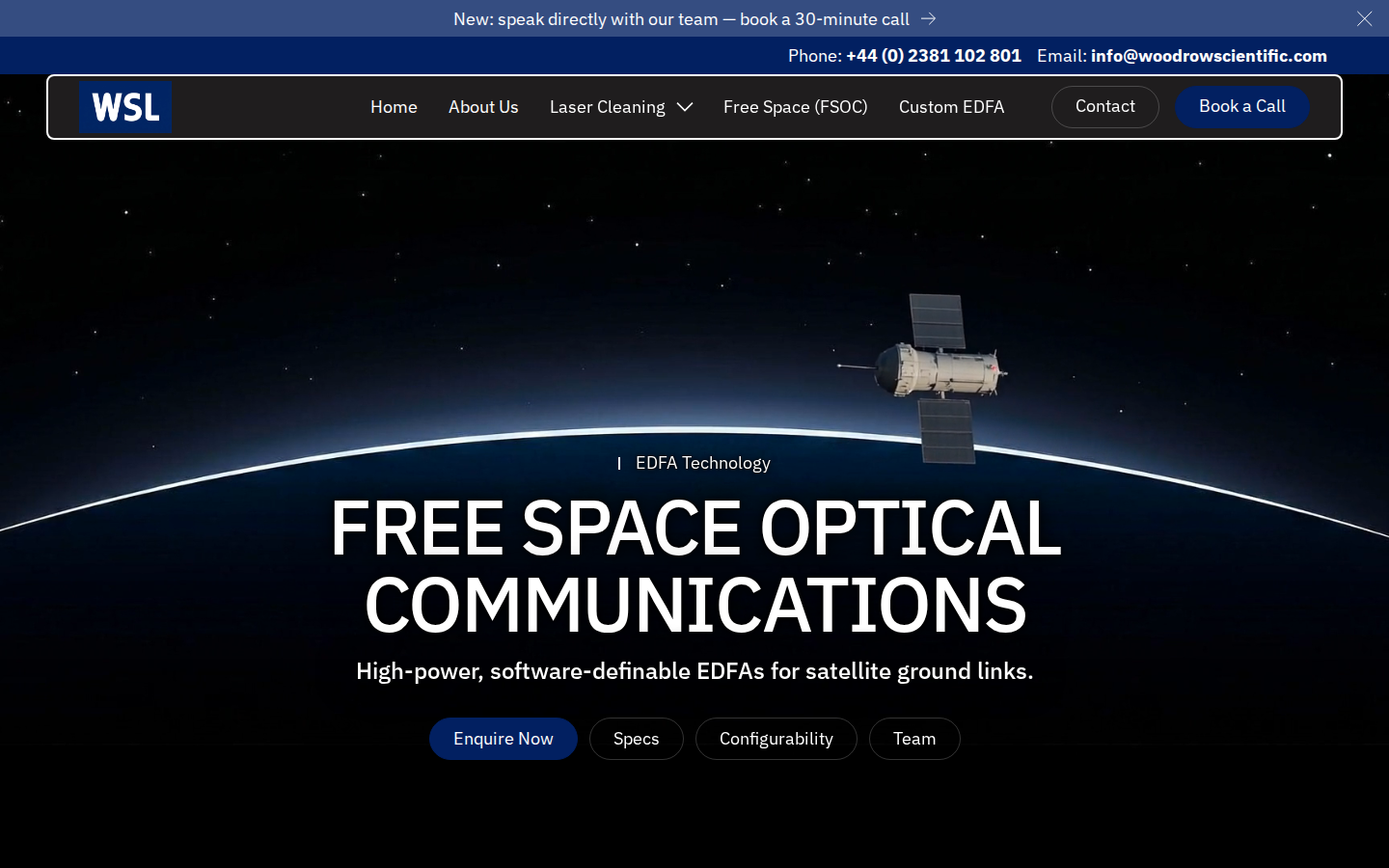 Woodrow Scientific EDF-UL free-space optical communications page hero with headline and product sub-headline