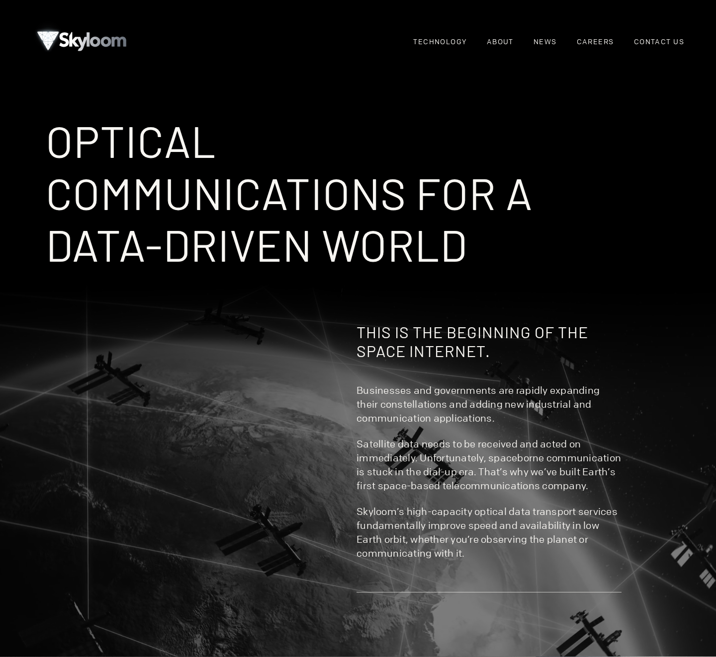Skyloom homepage hero with headline 'Optical Communications for a Data-Driven World' and space internet mission imagery
