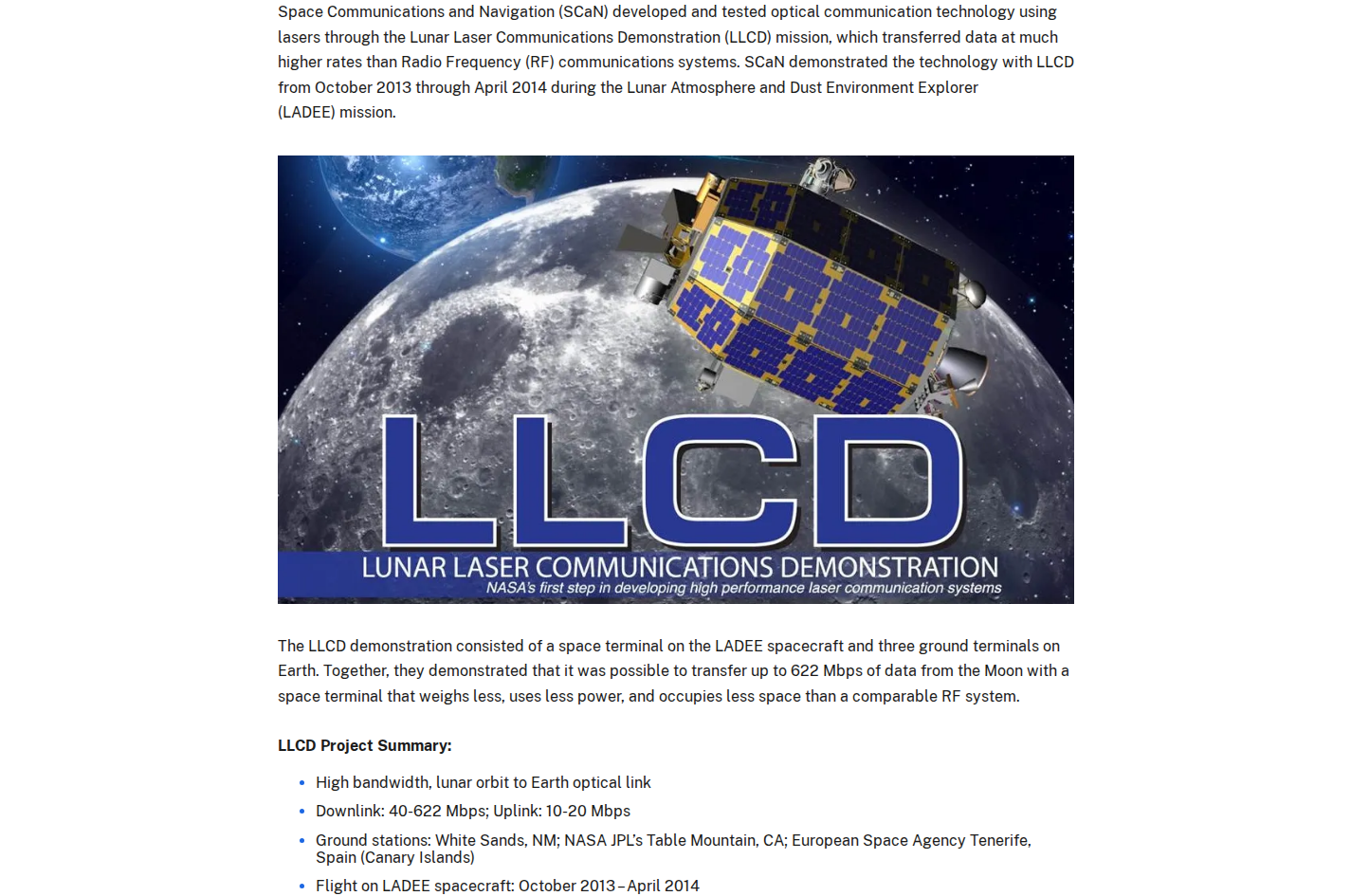 NASA LLCD mission page: terminal hardware photo and 622 Mbps lunar-orbit optical link performance summary