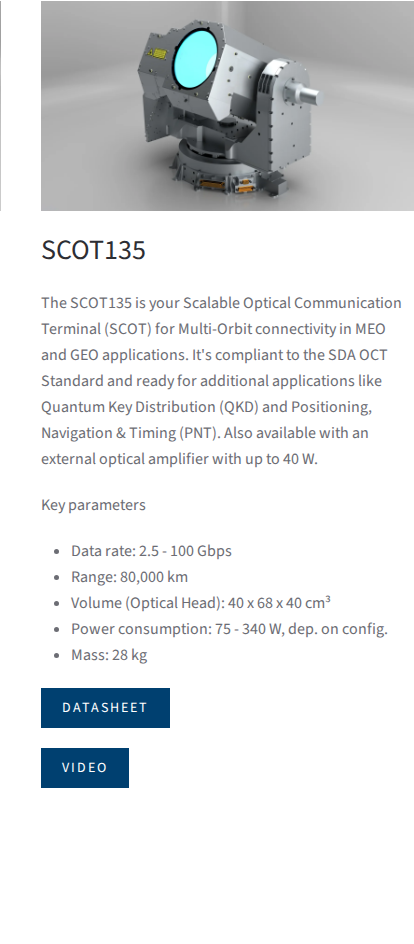 Tesat-Spacecom SCOT135 scalable optical terminal hardware with MEO/GEO key parameters on the Tesat products page
