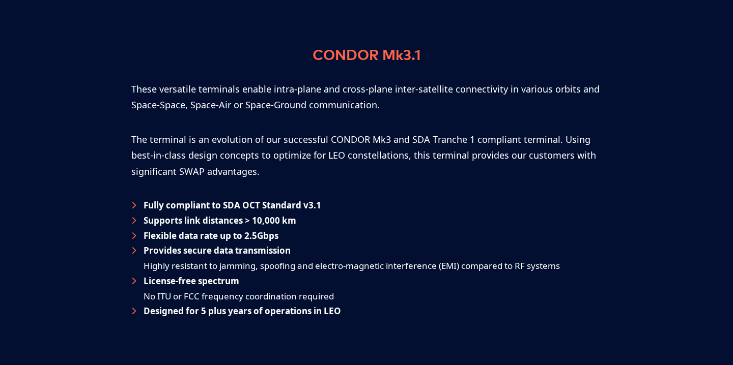 Mynaric CONDOR Mk3 product page hero showing terminal hardware, product name, and SDA OCT Standard v3.1 compliance headline