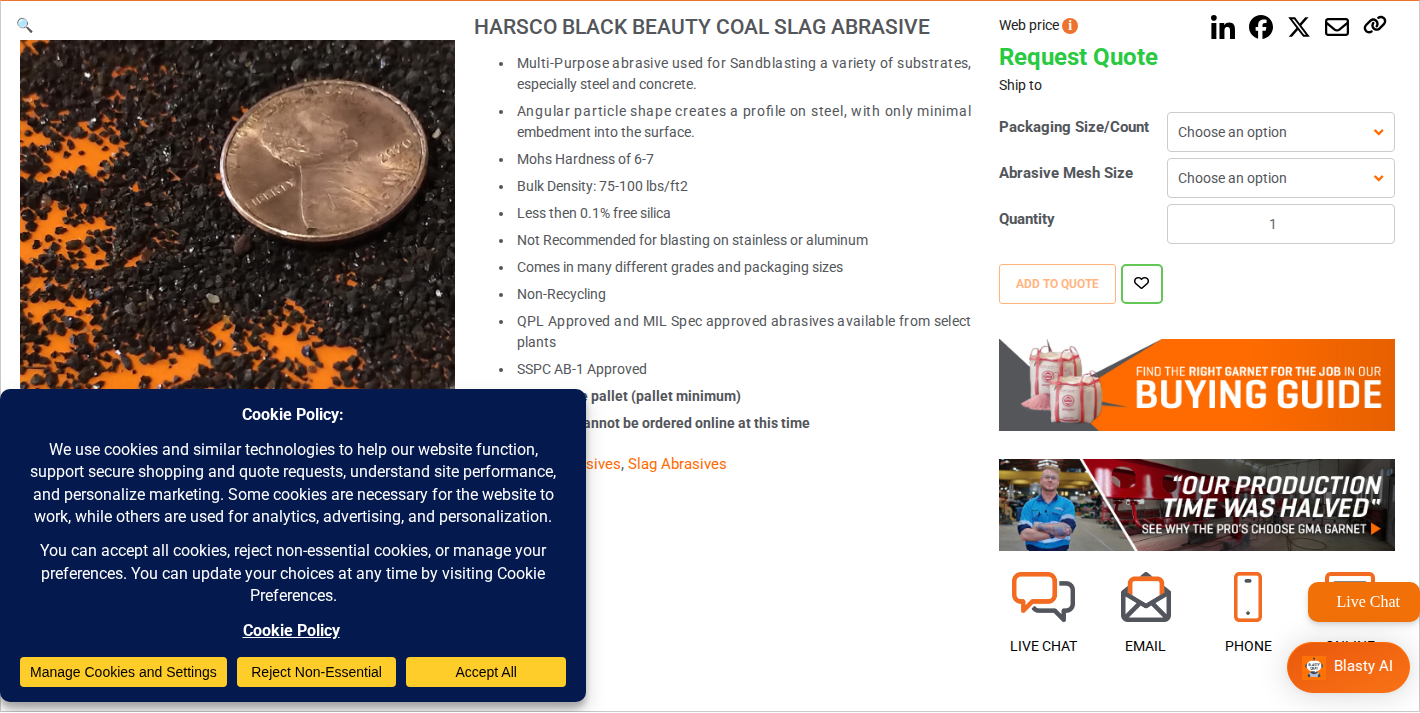 Harsco Black Beauty Coal Slag Abrasive product hero on BlastOne with dark angular slag media image and key spec callouts