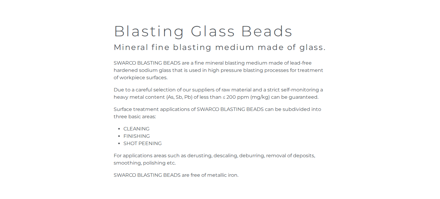 SWARCO BLASTING BEADS product hero: 'Blasting Glass Beads' headline with cleaning, finishing, and shot peening descriptors