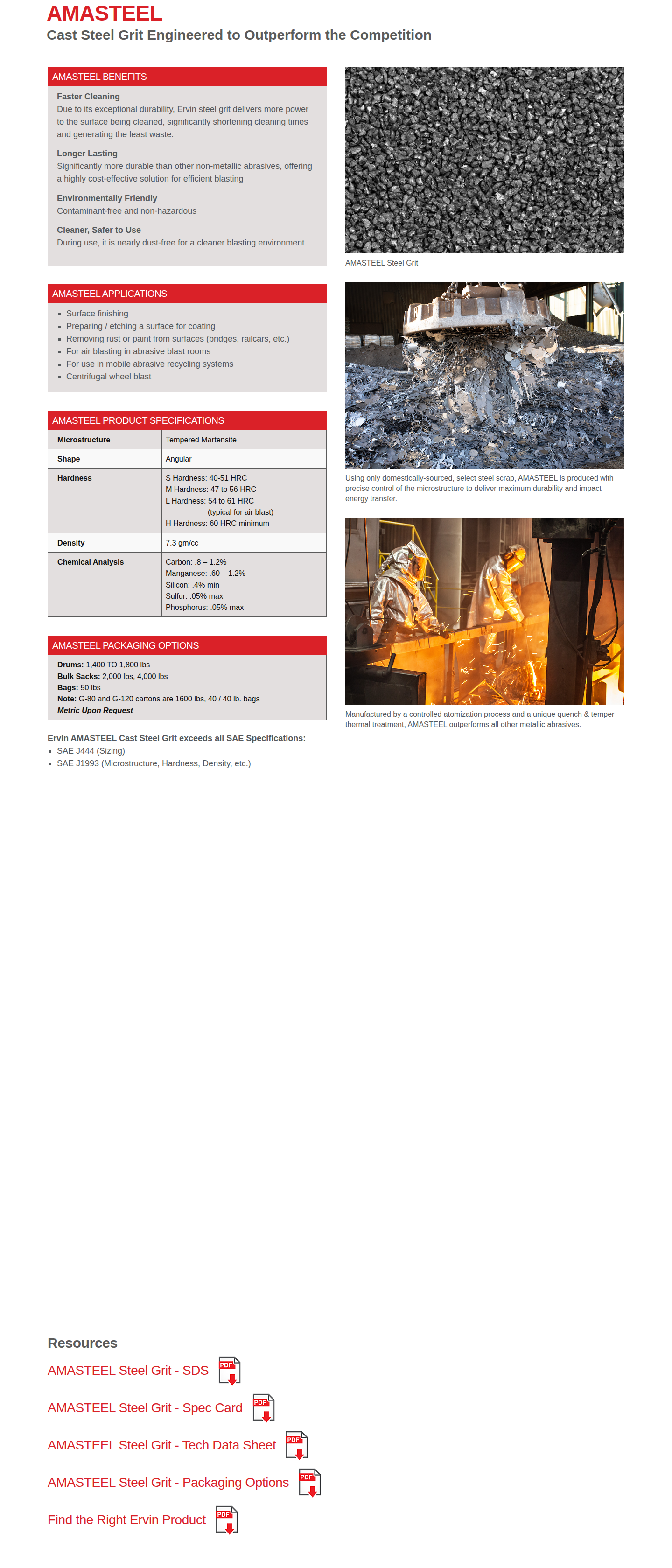 AmaSteel Cast Steel Grit product hero on Ervin Industries showing angular steel grit particles and product headline
