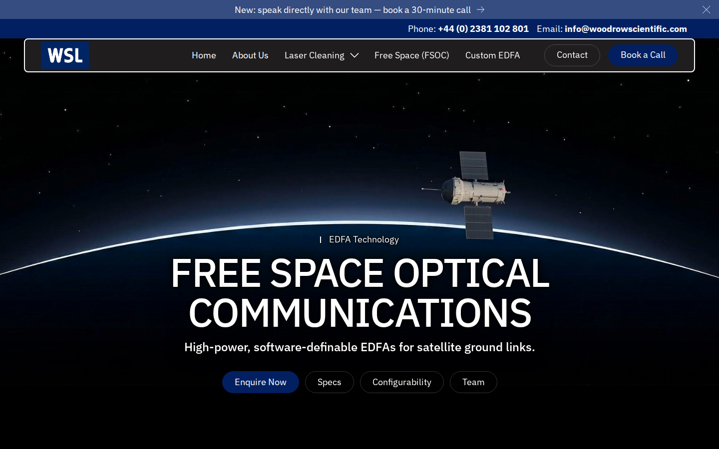 Woodrow Scientific EDF-UL free space optical communications product hero with headline and primary CTA