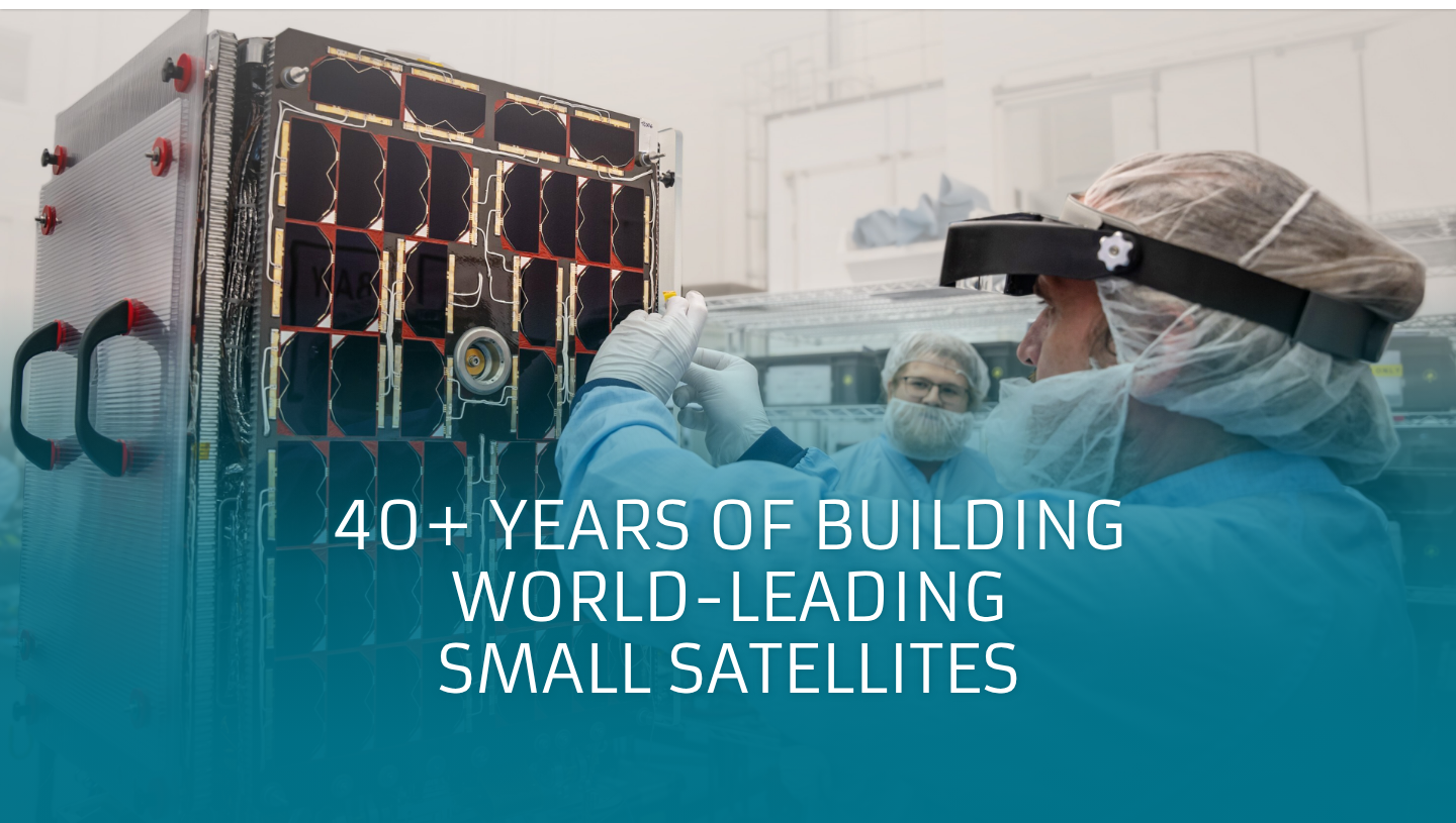 SSTL homepage hero: '40+ years of building world-leading small satellites' with satellite imagery and capability sub-headings