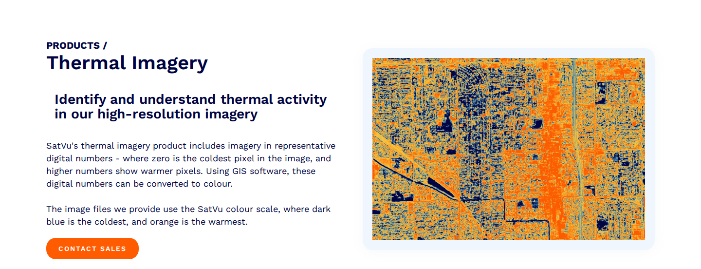 SatVu thermal imagery product page: headline, description, Contact Sales CTA, and HotSat-1 thermal image of Fresno CA