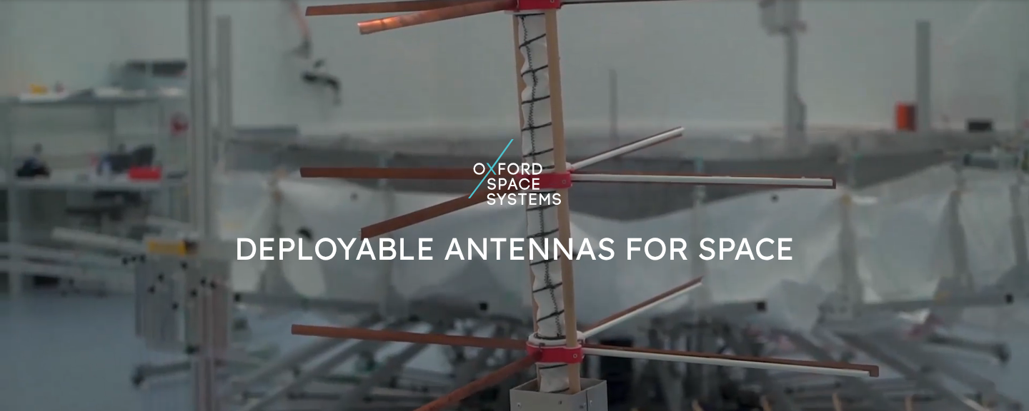 Oxford Space Systems homepage hero with headline 'Deployable Antennas for Space' and vision sub-headline
