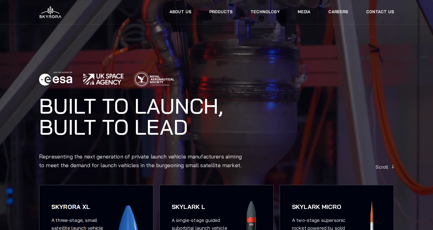 Skyrora homepage hero with headline 'Built to launch, built to lead' and brand sub-headline over a rocket video background