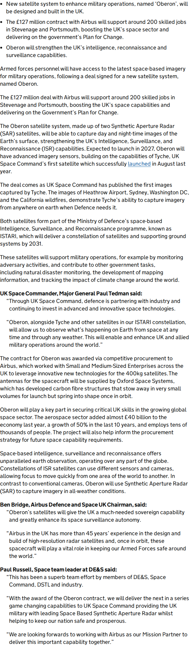 GOV.UK news: £127m Oberon satellite contract with Airbus, Oxford Space Systems named as antenna supplier.