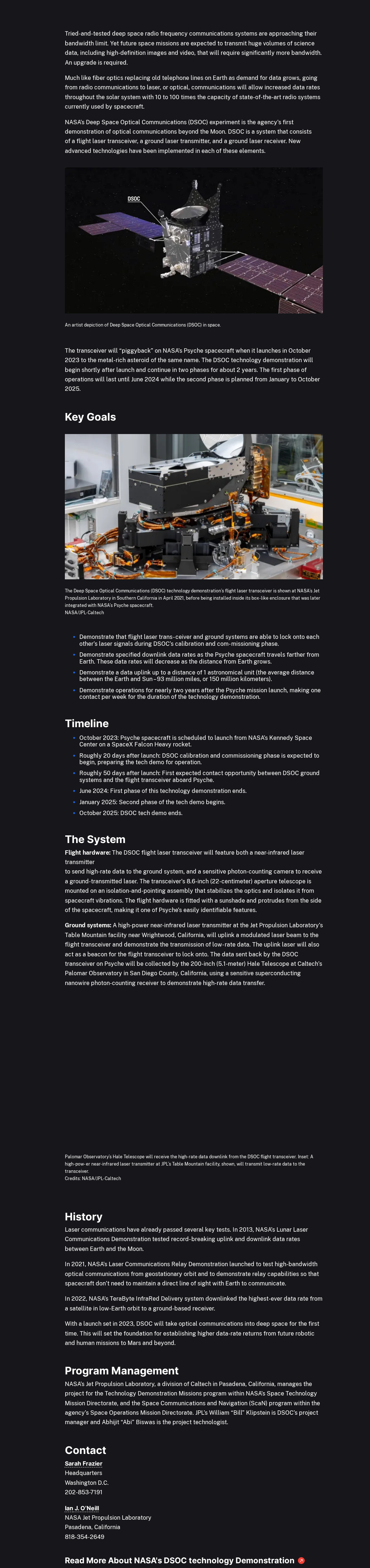 NASA DSOC Key Goals and System section showing the flight laser transceiver hardware photo and 22 cm telescope description