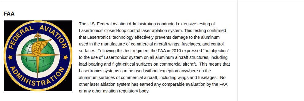 Lasertronics FAA endorsement page: FAA seal and 2010 no-objection finding for laser ablation on aluminium aircraft