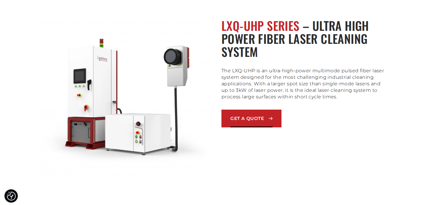 Laserax LXQ-UHP Ultra High Power Fiber Laser Cleaning System hero with product image and value-prop sub-text