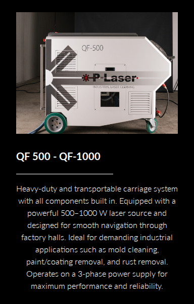 P-Laser QF-1000 heavy-duty wheeled trolley laser cleaning unit on the P-Laser trolley products page