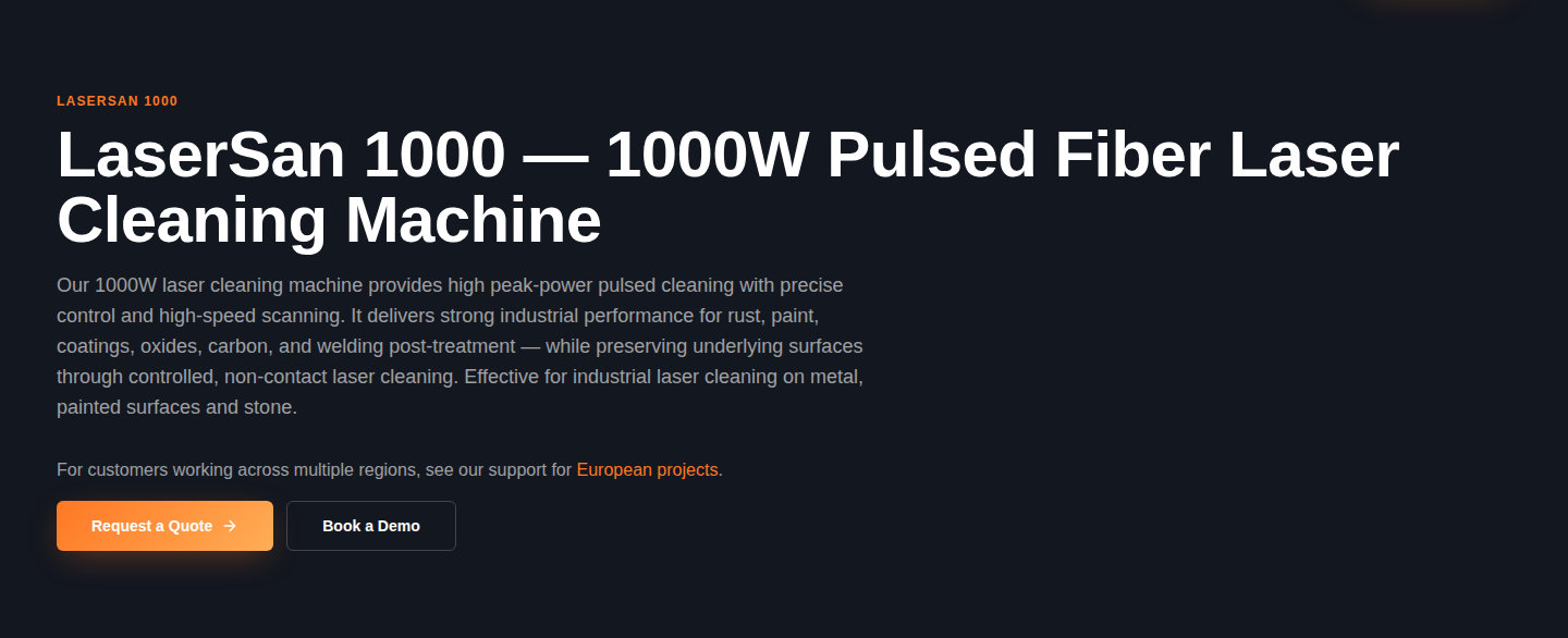 LaserSan 1000 product page hero with 1000W pulsed fiber laser cleaning machine headline and Request a Quote CTA