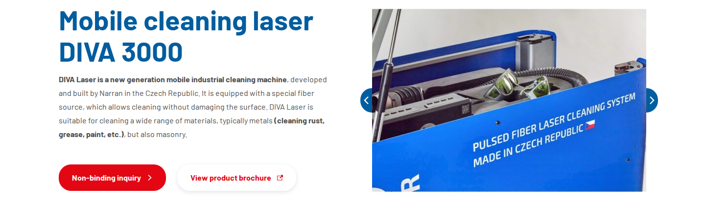 Narran DIVA 3000 product page hero showing the machine headline, tagline, and product gallery imagery