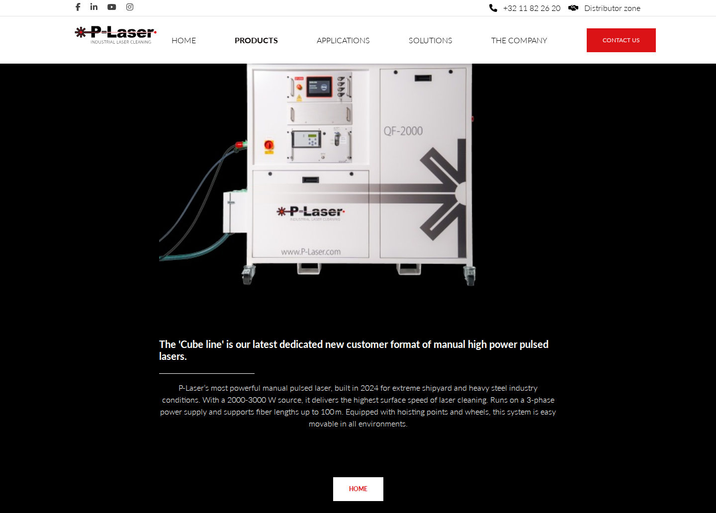 P-Laser Cube Line product hero with headline '1000-2000-3000 W pulsed cleaning. Go big, go fast!' and machine image