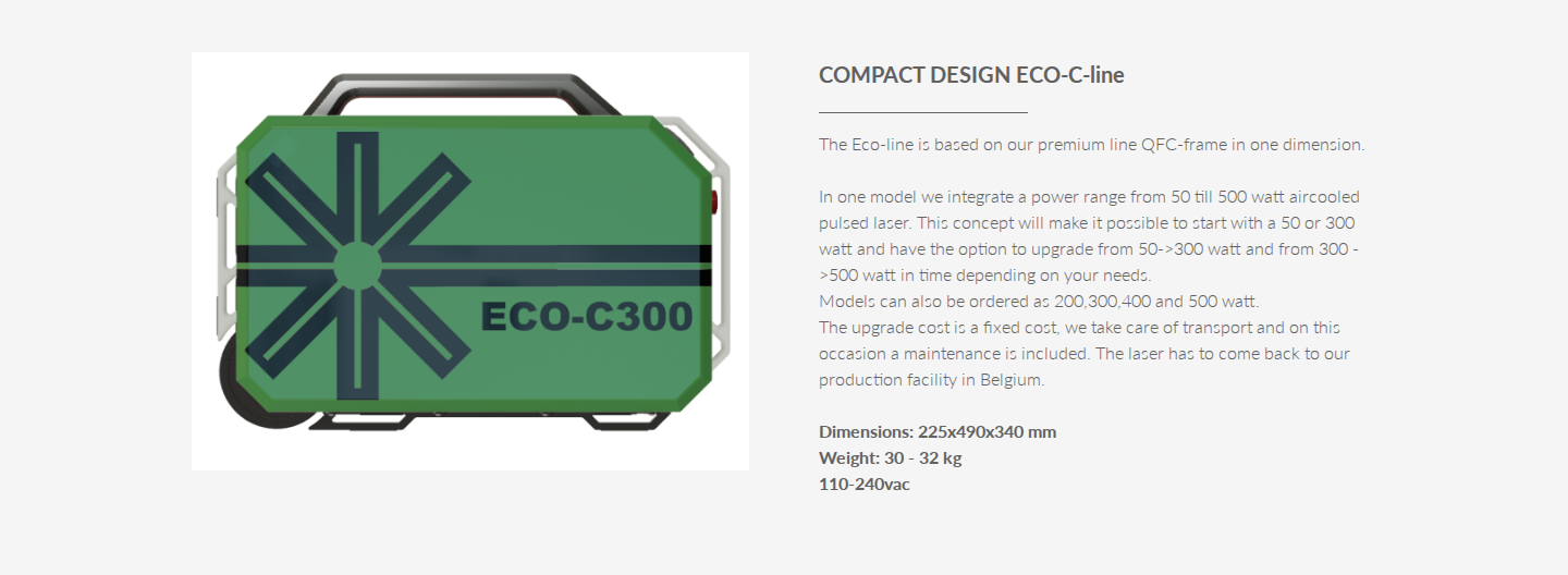 P-Laser ECO-C500 compact rectangular enclosure on the ECO-line product page with dimensions and spec text