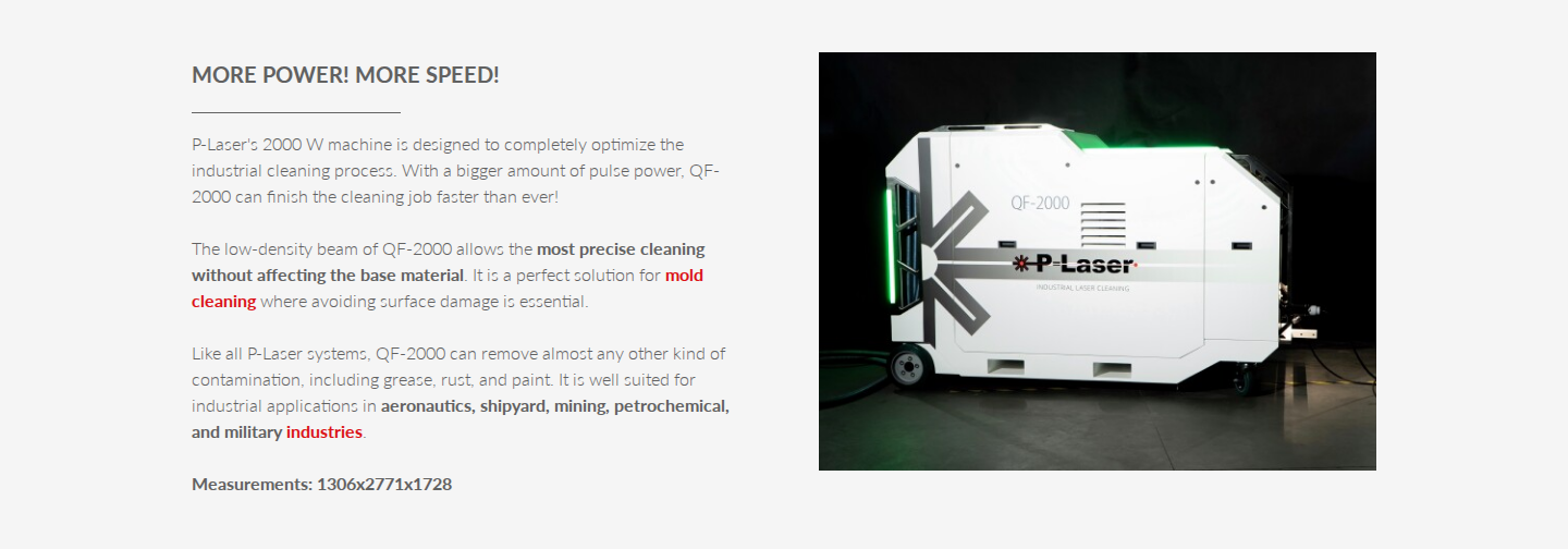 P-Laser QF-2000 product hero showing the 2000 W laser cleaning machine, headline, and key capability description