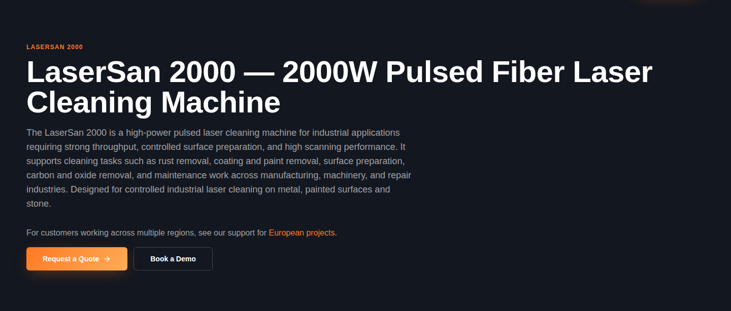 LaserSan 2000 product hero: 2000W pulsed fiber laser cleaner headline, value-prop sub-text, and Request a Quote CTA