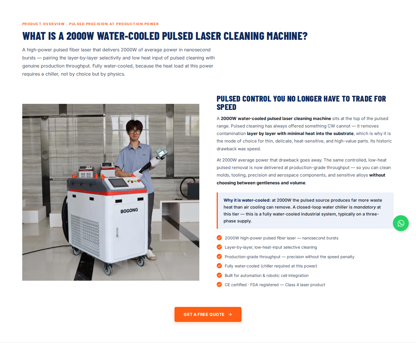 BG-WCL-2000 2000W water-cooled pulsed laser cleaner product hero on Bogong Laser Cleaner's dedicated product page