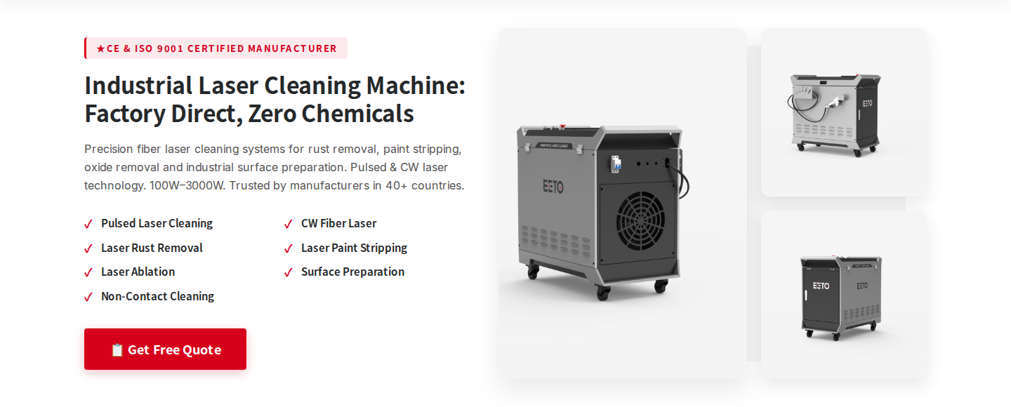 EETO FLC-2000 2000W fiber laser cleaning machine hero and spec card on eetolaser.com product page