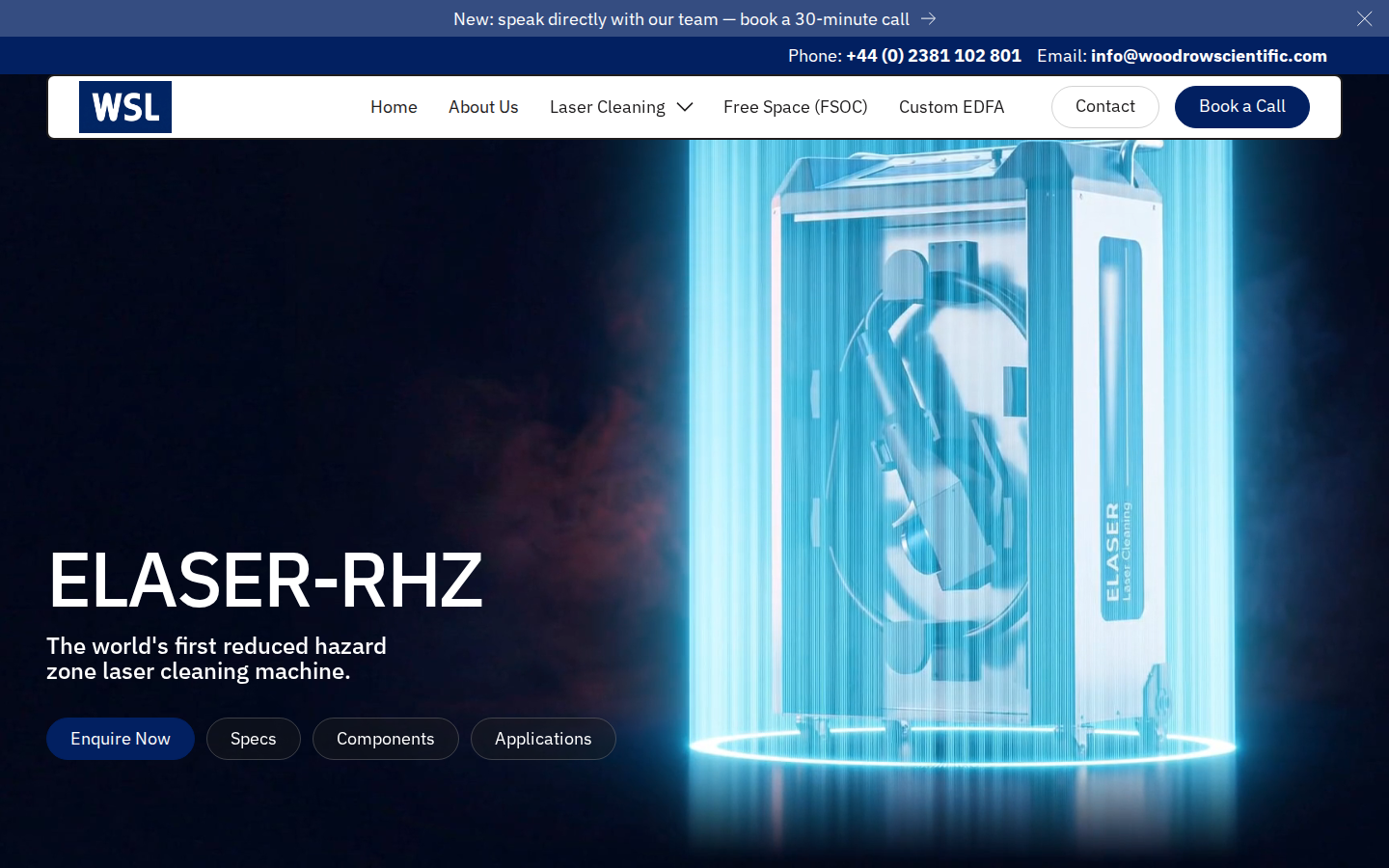 ELASER-RHZ product hero on Woodrow Scientific — wheeled trolley unit with headline and key capability badges