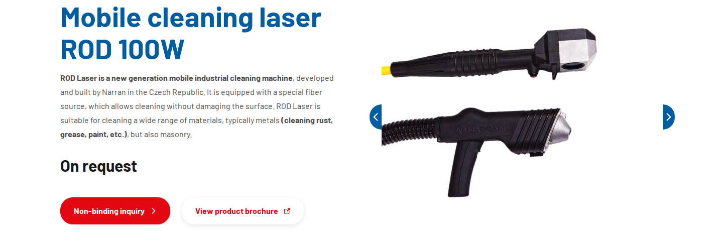 Narran ROD 100W mobile laser cleaning machine hero on narran.cz, showing the wheeled trolley unit and scanning head