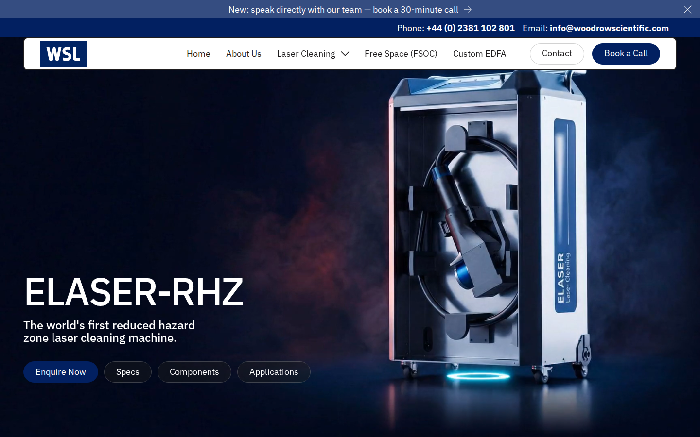 ELASER-RHZ hero on Woodrow Scientific — headline and product visual for the world-first reduced hazard zone laser cleaner