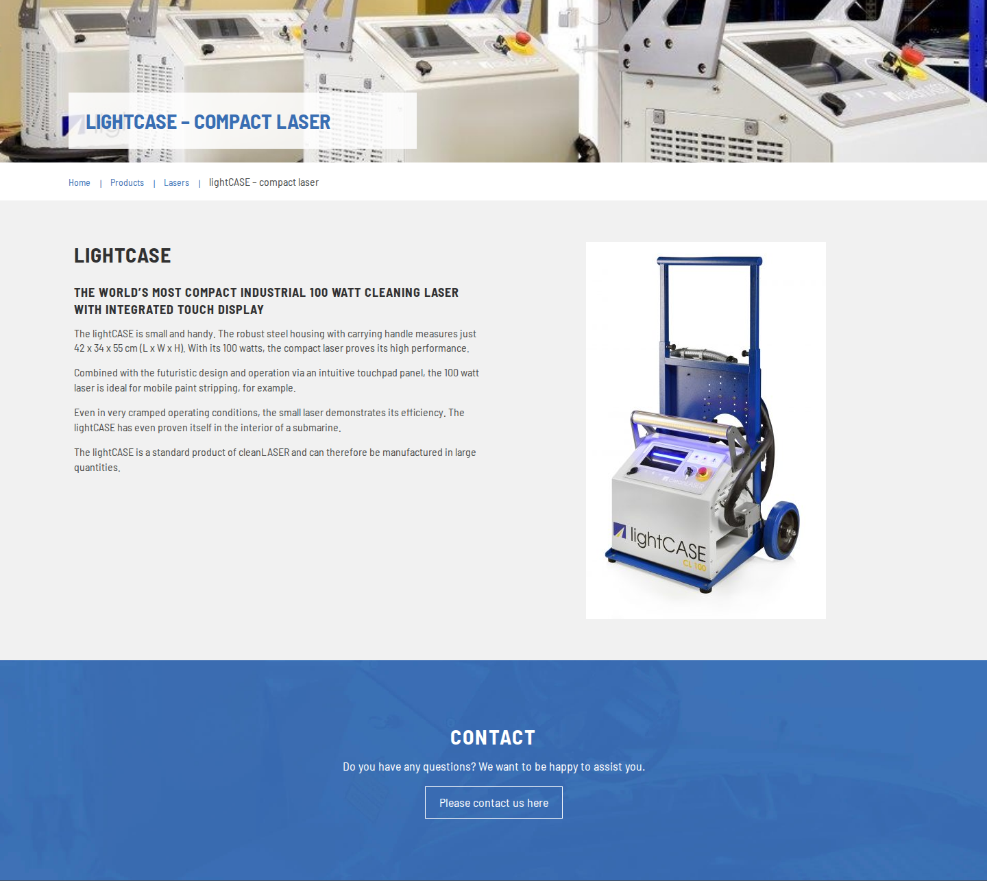 cleanLASER lightCASE compact laser hero: product name, headline, and steel-housed unit on the manufacturer's product page