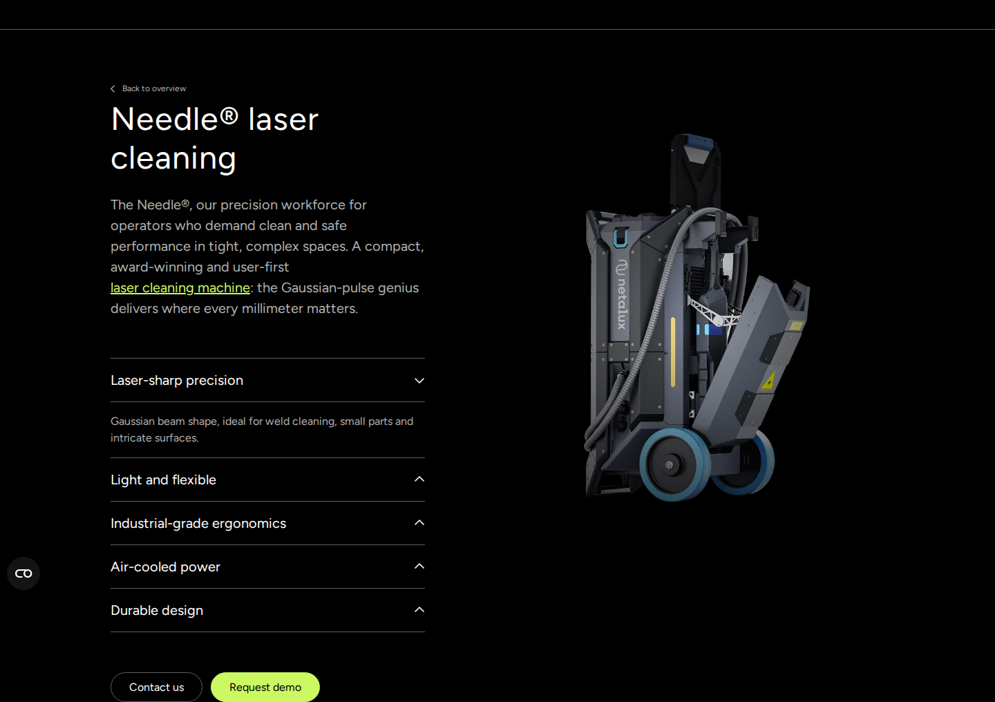 Netalux Needle® laser cleaning machine hero: compact unit image, ergonomic feature highlights, and Contact us CTA