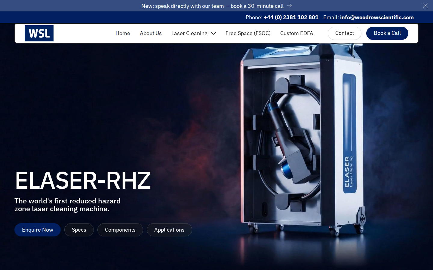 ELASER-RHZ hero on Woodrow Scientific — world's first reduced hazard zone laser cleaner, machine image and enquiry CTA