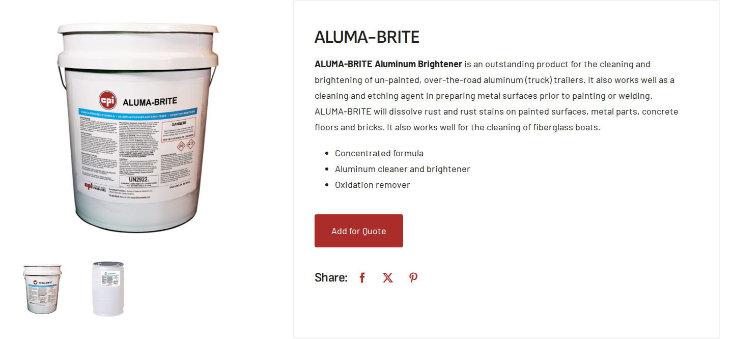 Aluma-Brite aluminium brightener cleaner product page on CPI Road Solutions showing container and product name