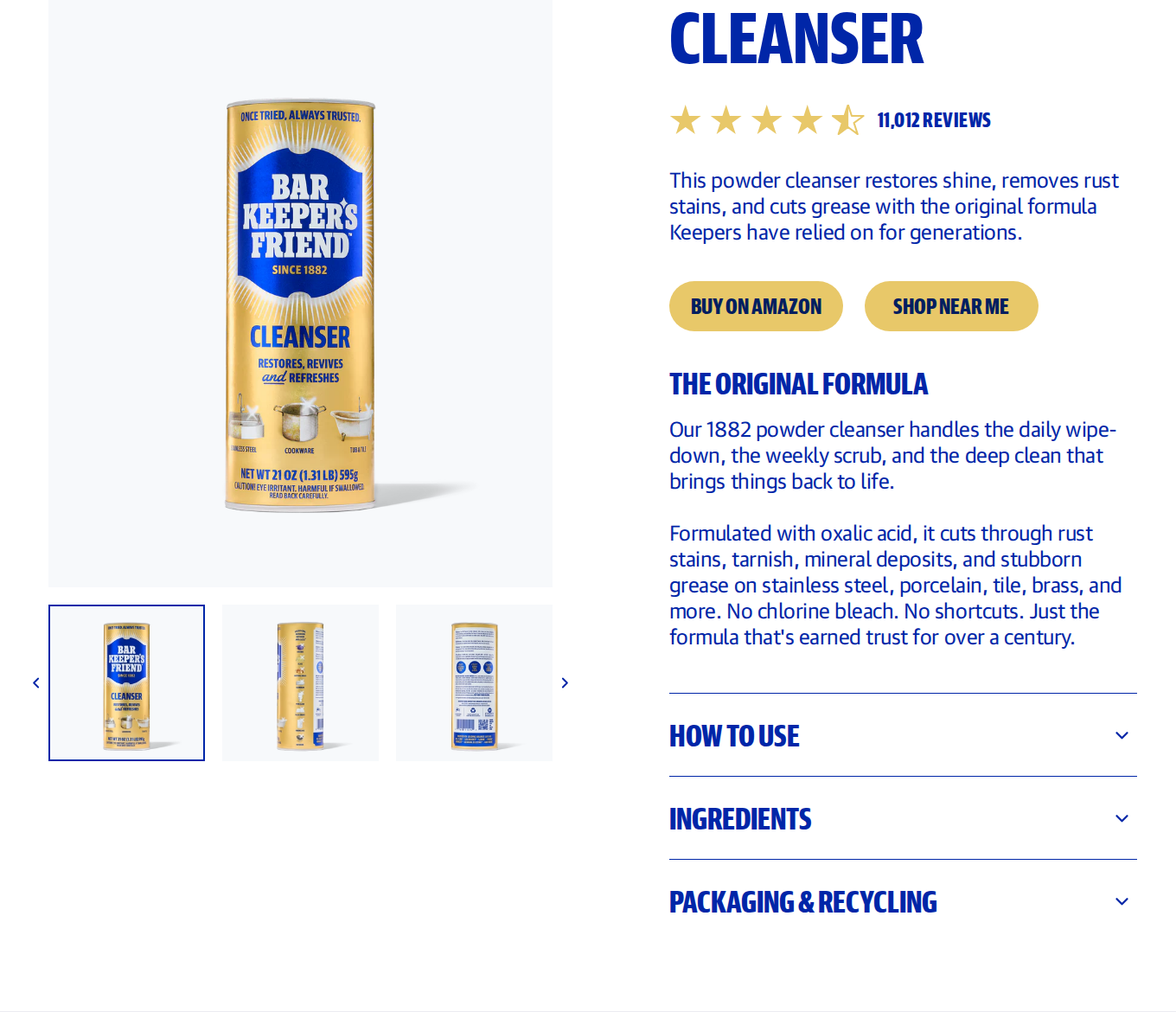 Bar Keepers Friend Cleanser product page hero showing the yellow canister, product name, and surface compatibility context