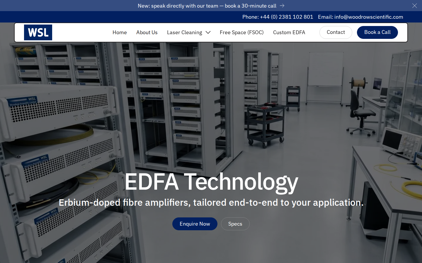 Woodrow Scientific Custom EDFA hero: product image, 'EDFA Technology' headline and sub-headline on woodrowscientific.com