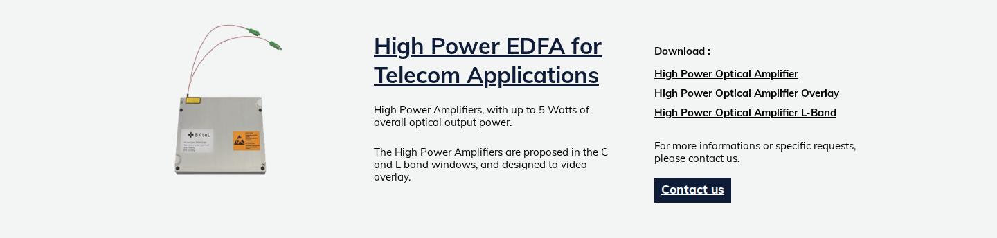 BKtel Photonics High Power EDFA product page hero with HPOA module image and 5 W output power description