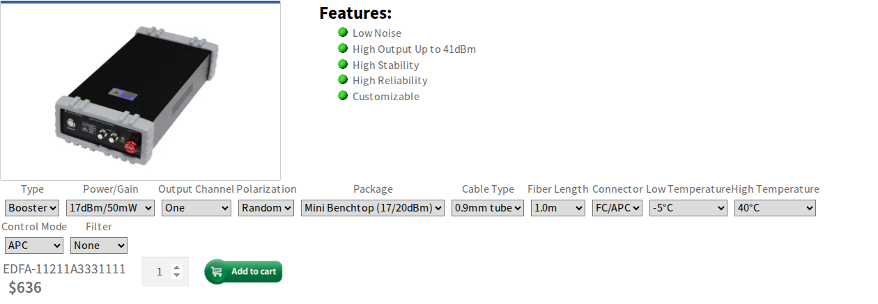 Agiltron high-power EDFA product hero showing the amplifier unit, product name heading, and headline feature callouts